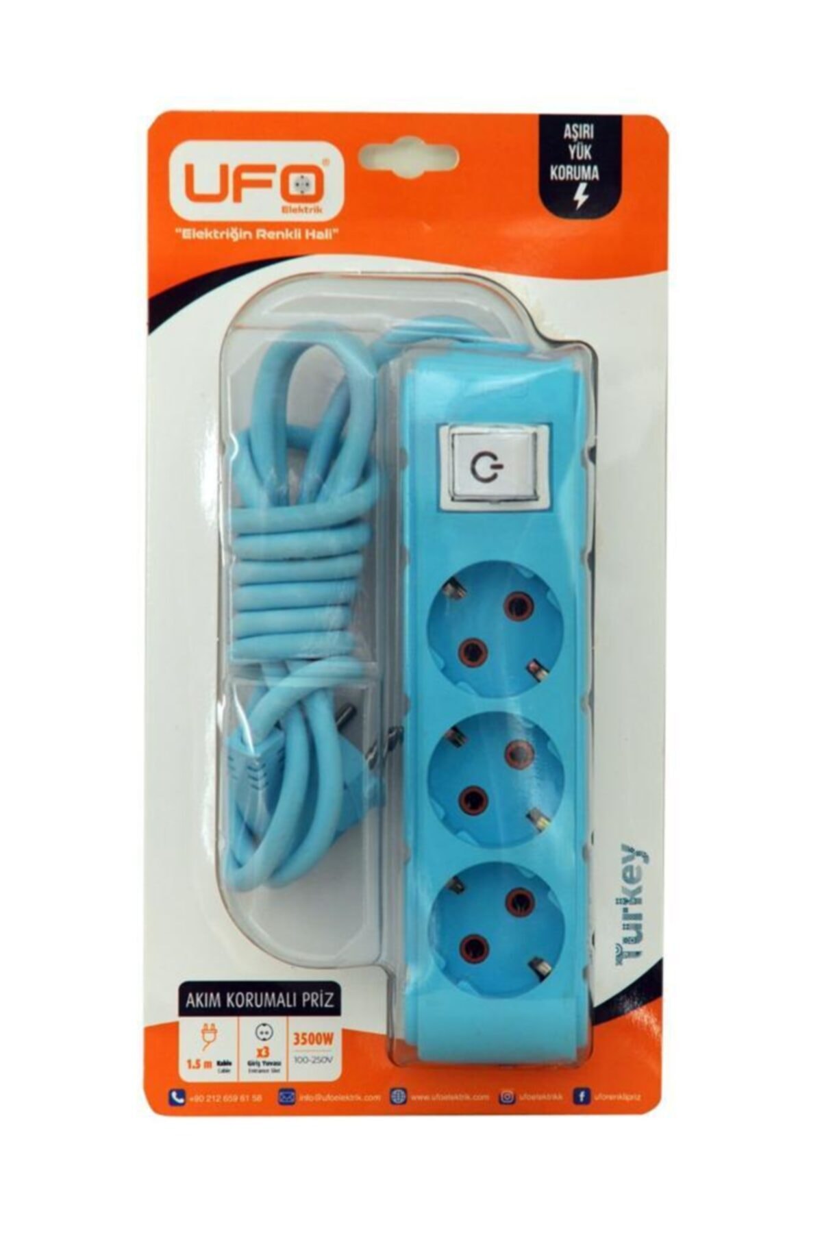 UFO Akım Korumalı Anahtarlı 1,5 Metre Mavi Renkli Üçlü Priz
