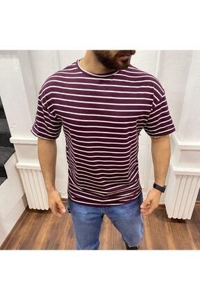 Erkek Geniş Kalıp Çizgili Bordo T-shirt ZHTS-001