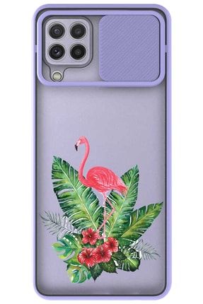 Samsung Galaxy M32 Kılıf Sürgülü Kamera Korumalı Lila Baskılı Kılıf - Flamingo Yaprak gmasm-m32-l-93