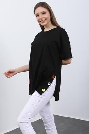 Kadın Siyah Baskılı Kuş Gözlü T-shirt P-0000155