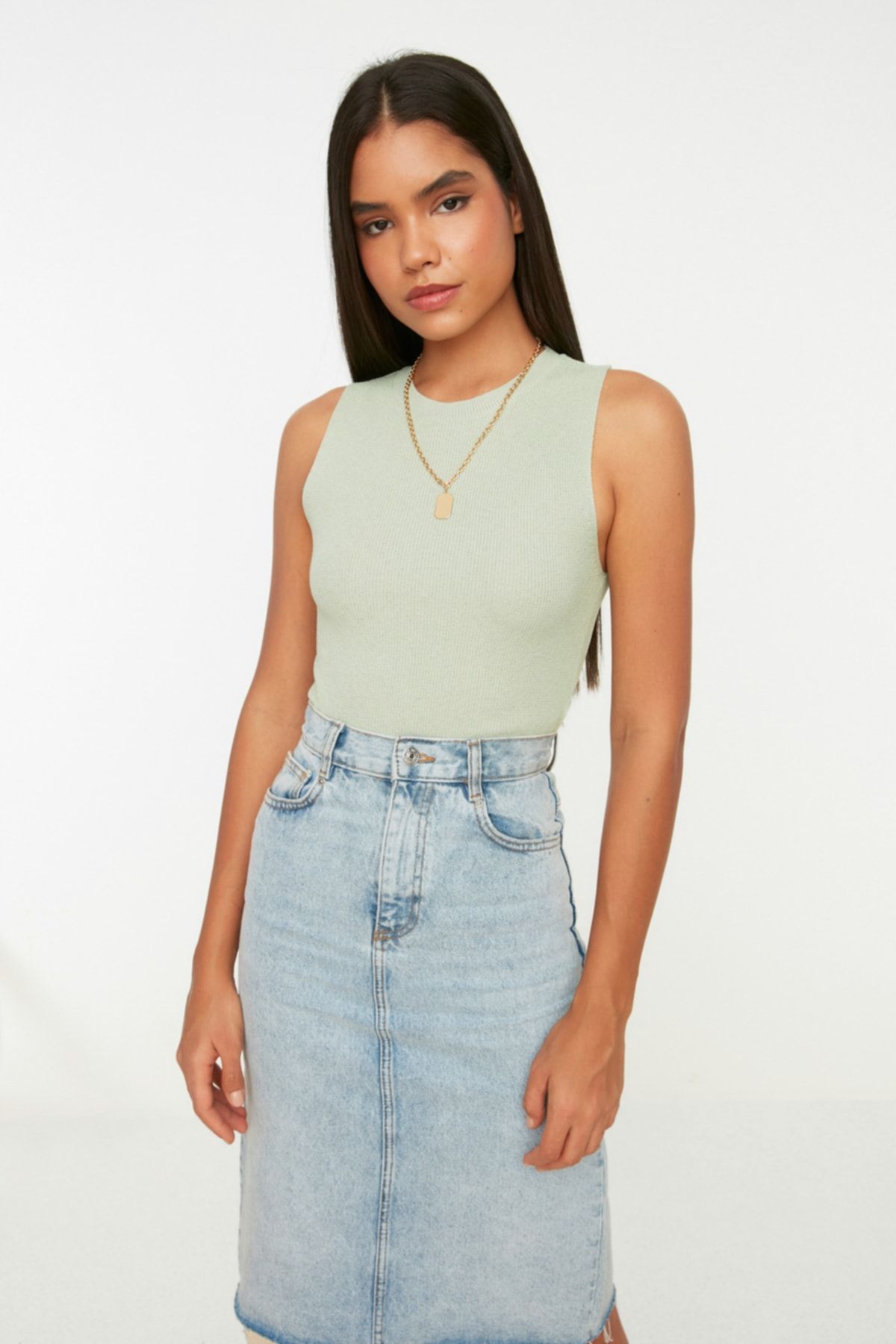Trendyol Collection Mint Crew Neck Crop kötöttáru blúz TWOSS21BZ0098