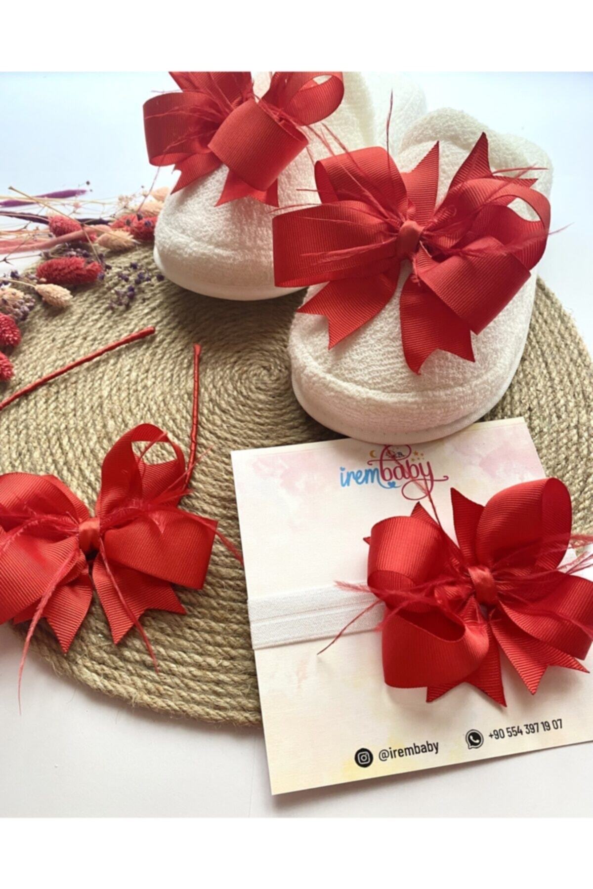 irembaby Anne Bebek Lohusa Seti Kırmızı Tüylü Fiyonk Lohusa Tacı Terlik ve Bebek Saç Bandı Lohusa Takımı fotoğrafı 2 (önizleme)