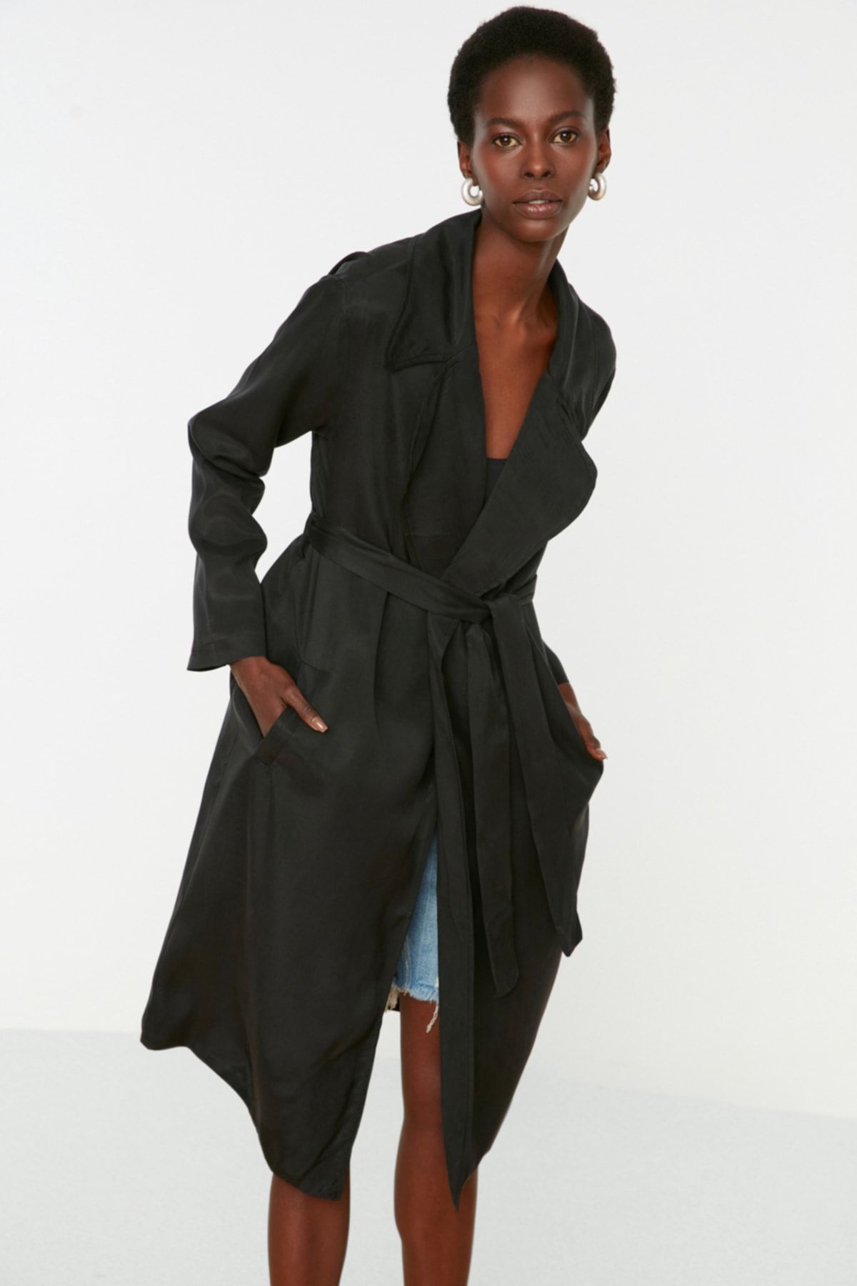 Trendyol Collection Trench Coat Black Double breasted Trendyol