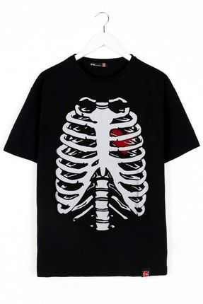Iskelet Kalp Baskılı Siyah Unisex Tshirt 816E0627