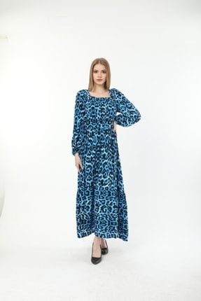 Mavi Leopar Kare Yaka Sırtı Kapalı Kemerli Elbise 202221Look