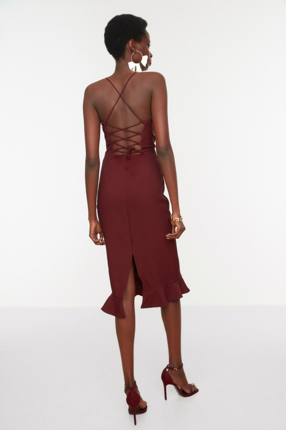 Trendyol Collection-Suknia wieczorowa z ozdobnymi plecami Plum TPRSS19BB0043 5