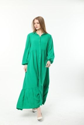 Yeşil Düz Omuzu Parçalı Elbise 190020EM