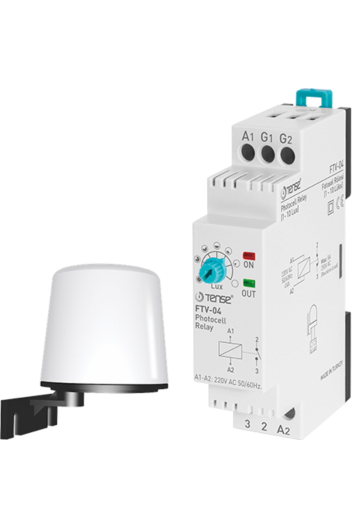 TENSE FTV-04 Fotosel Rölesi, V-Otomat DIN Gövde, 1 - 10 Lux ayarlı, 5A / 250V AC röle çıkışlı