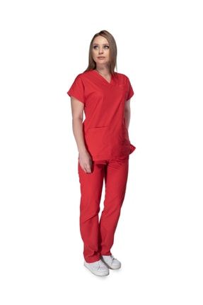Hastane Hemşire Doktor Üniforması ( Soft Likralı Kırmızı) 6414