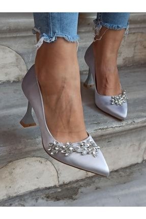 Kadın Gümüş Saten Yaprak Taş Topuklu Ayakkabı 9 cm DS-BOSS