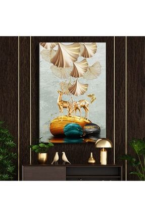 Modern Yapraklar Ve Altın Geyikler Dekoratif Kanvas Tablo - Voov1359 voov1359