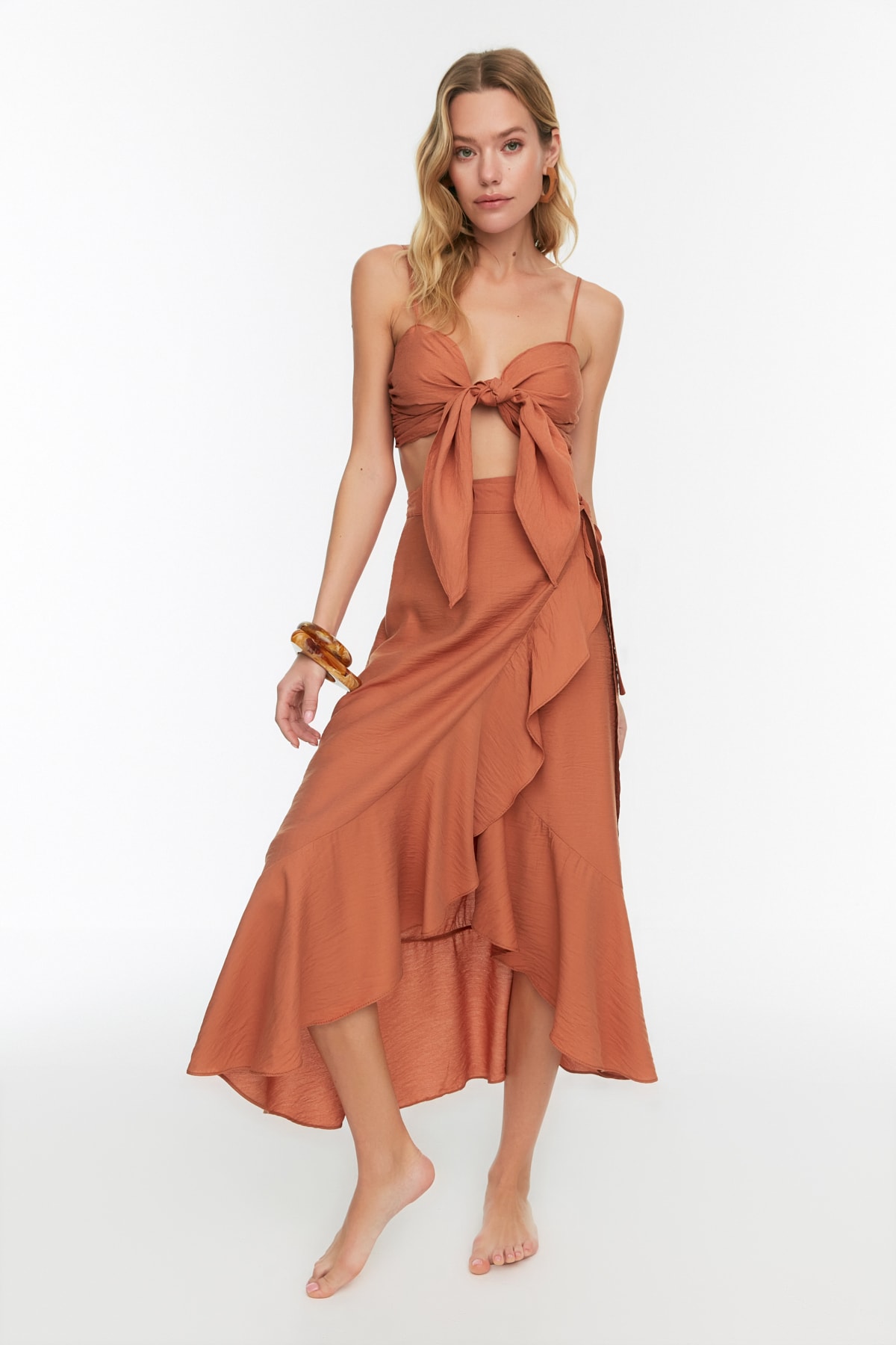 Trendyolmilla  Tarçın Dokuma Volanlı Plaj Bluz-Etek Takım TBESS21AU0312 - Görsel 2