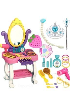 Oyuncak Prenses Güzellik Masası Aynalı Aksesuarlı + Saç Asa Taç + Sürülebilir Çilek Makyaj Seti Prenses Saç Asa Taç Model