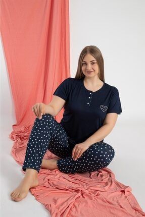 Kadın Battal Lacivert Viskon Bambu Pijama Takımı battallaci
