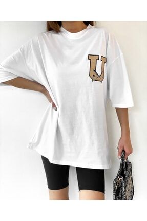 Kadın Beyaz Aplikeli Sırt Baskılı Oversize T-shirt CH202193