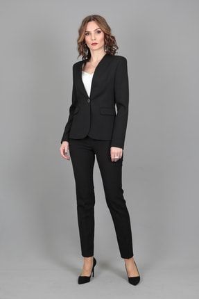 Yakasız Tek Düğmeli Ceket & Boru Paça Pantolon Takım-siyah 1044510