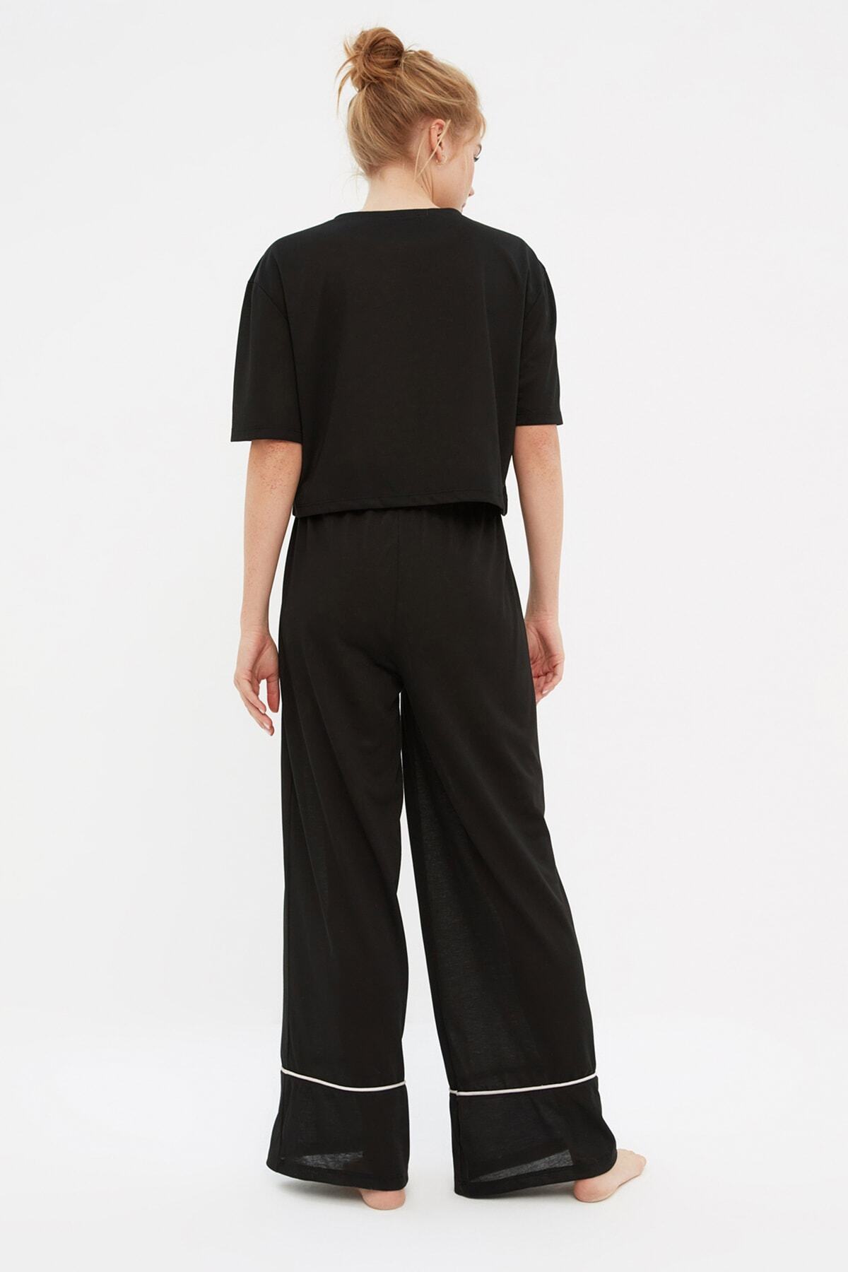 Trendyolmilla  Siyah %100 Pamuklu Eğlence Baskılı Biye Detaylı Örme Pijama Takımı THMSS21PT0953 - Görsel 8