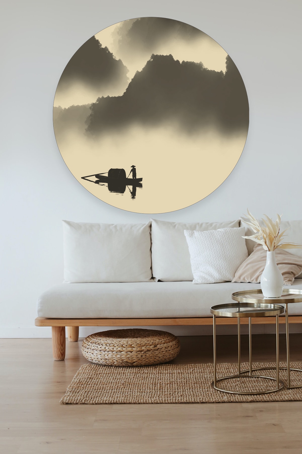 Kayık Ve Dağ Manzara Baskılı Dekoratif Duvar Sticker 80x80 Cm