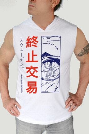Tek Göz Beyaz Kapşonlu | Kolsuz Erkek Atlet T-shirt 1M0KM458AB