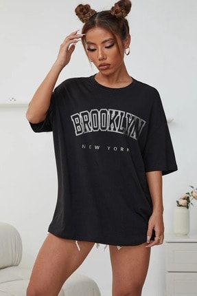 Brooklyn New York Baskılı Unisex Oversize Siyah T-shirt HRMNDRBrooklynNewYork