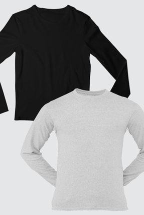Düz Siyah, Gri Uzun Kollu Erkek T-shirt 2'li Eko Paket 1M2BM922AJ