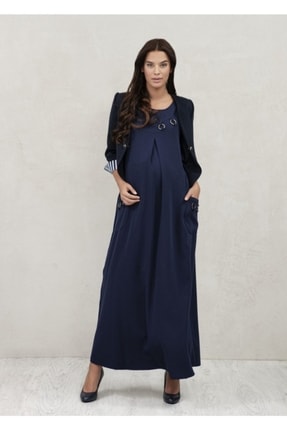 Yuvarlak Aksesuarlı Lacivert Uzun Hamile Elbise 3387
