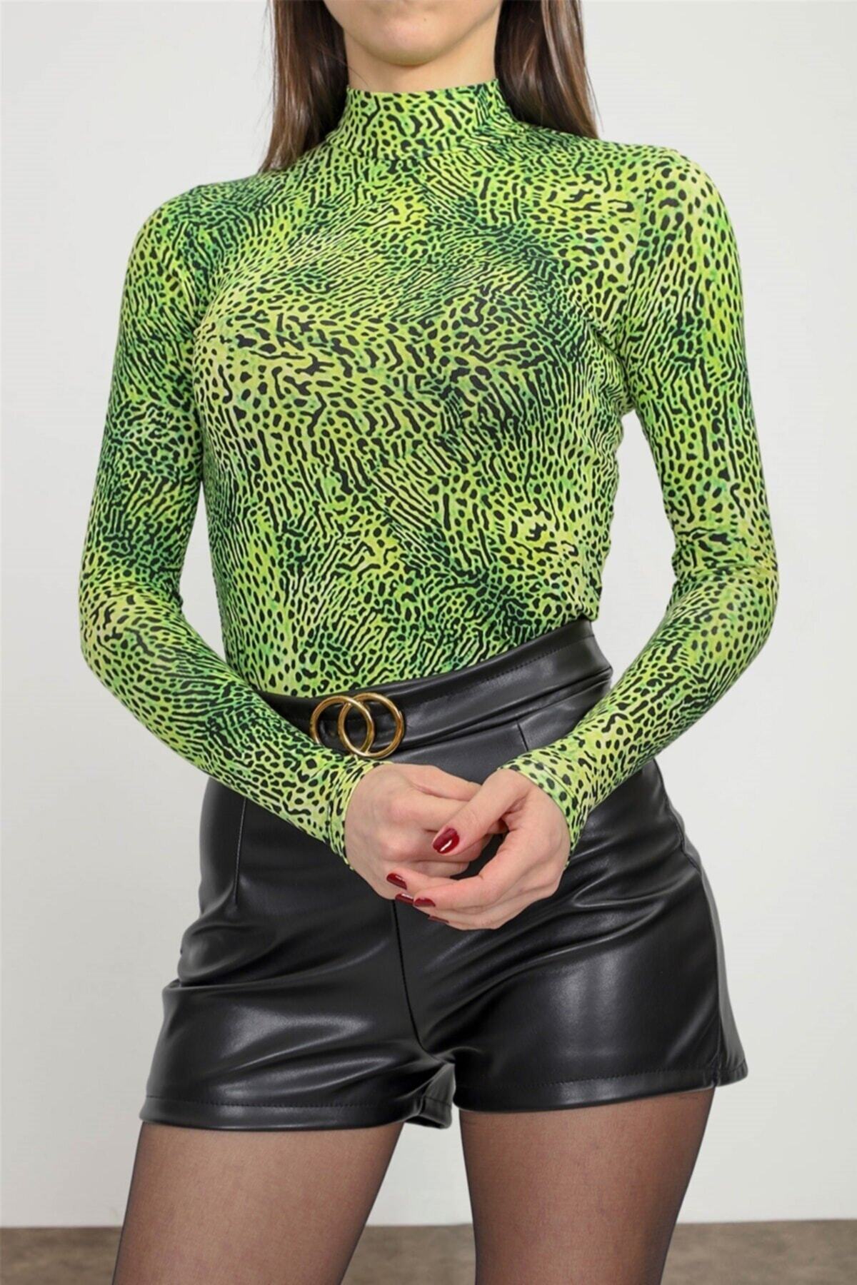 My Blog-Bluză verde cu mânecă lungă cu model leopard cu guler înalt - 20052022 2