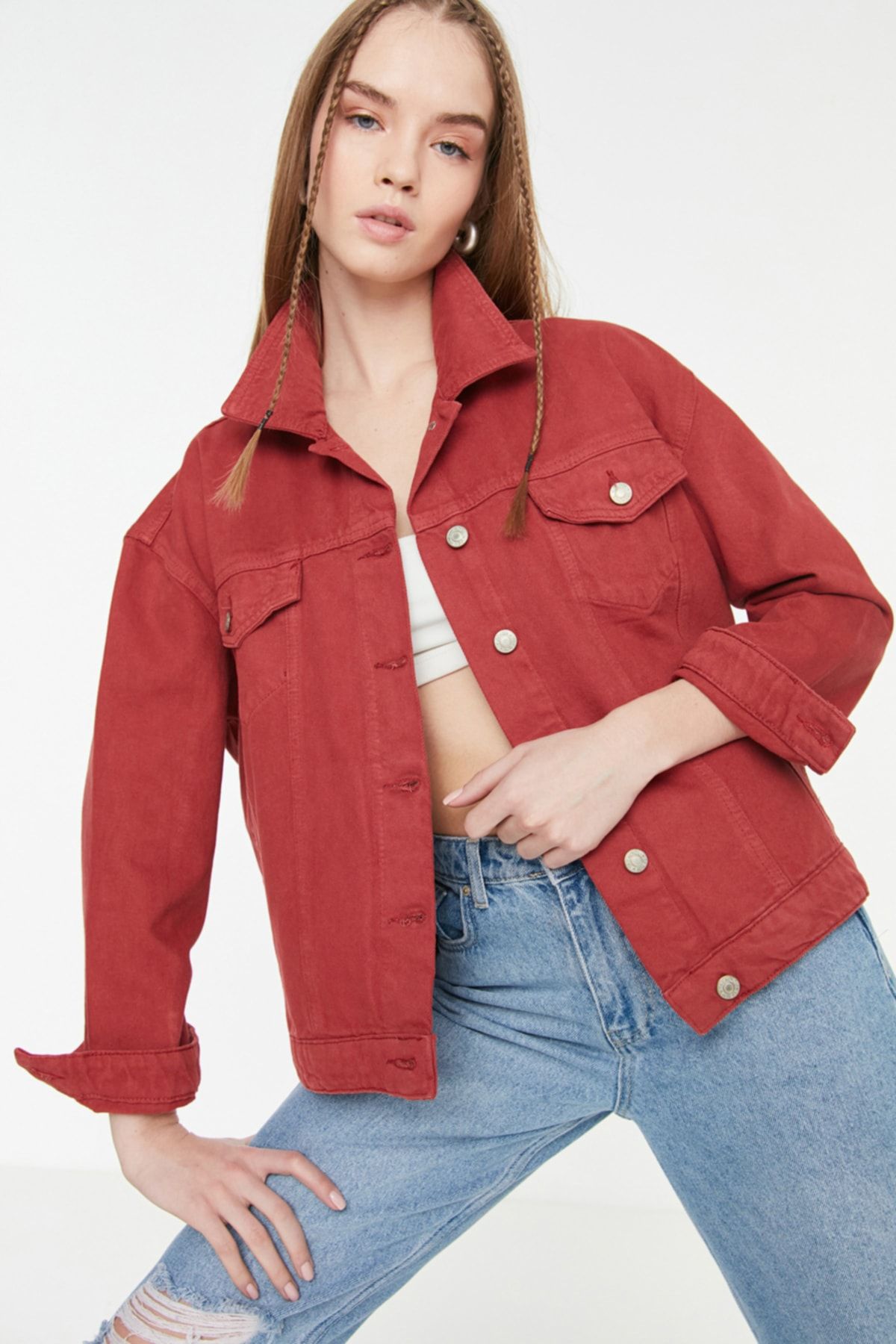 Denim jacket burgundy top