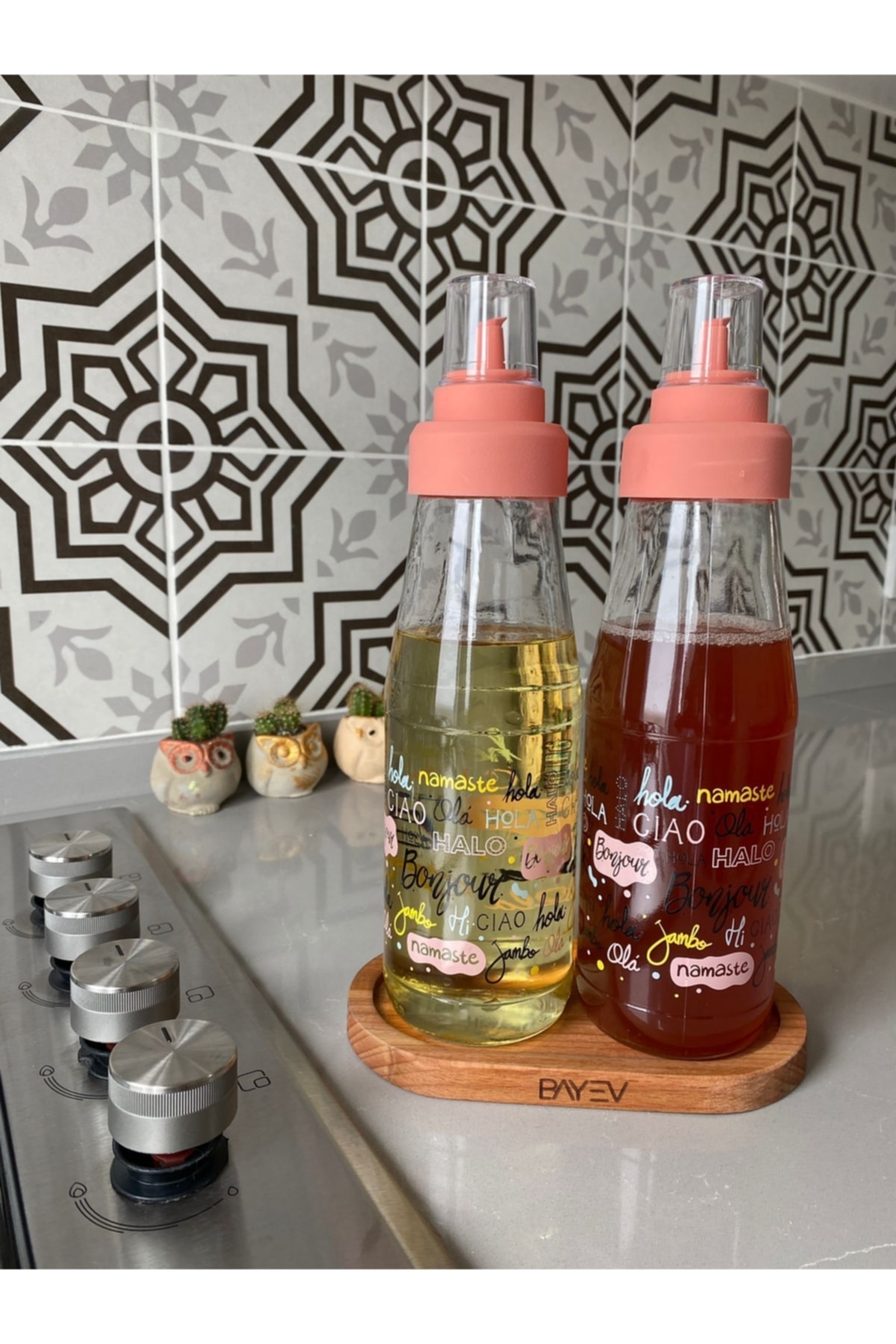 Pink Cover Wooden Stand 3-Piece Anti-Drip Smart 750 ml Oil and Vinegar Bottle Set