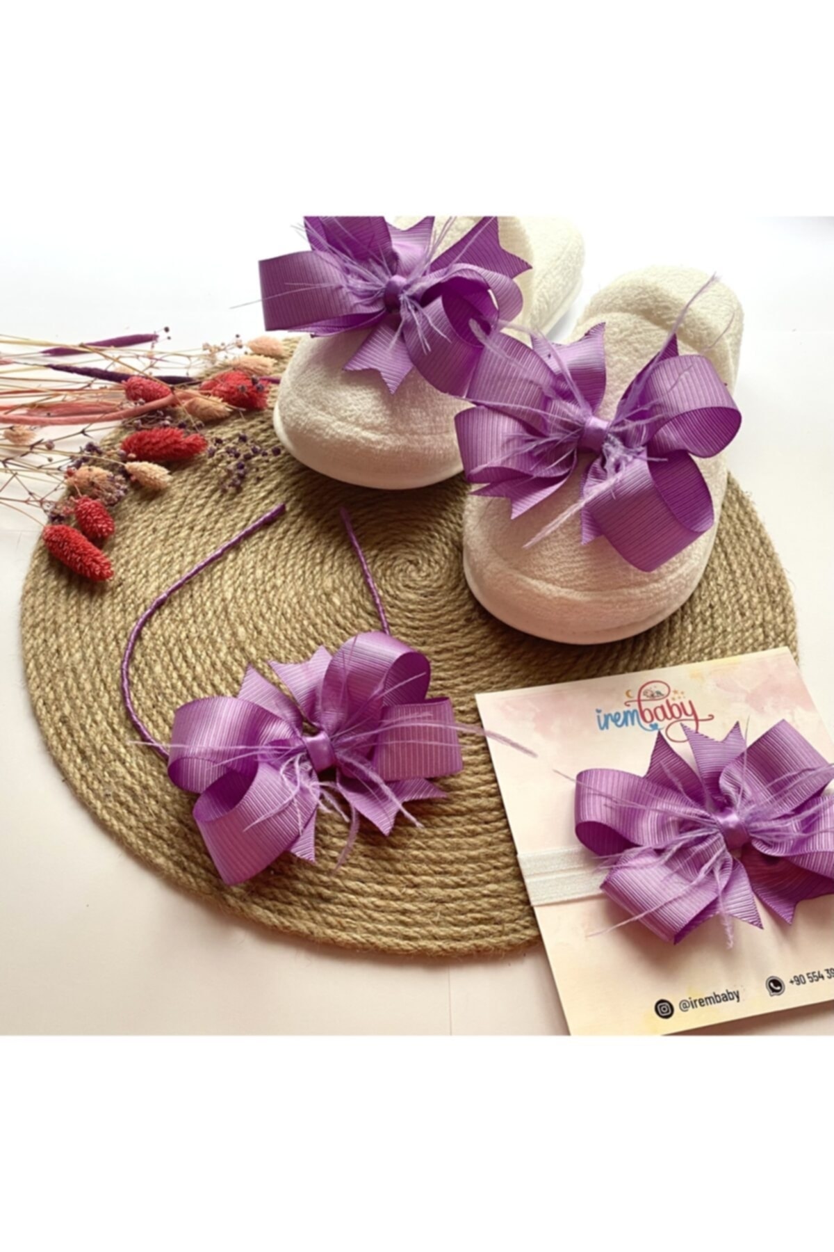 irembaby Anne Bebek Lohusa Seti Lila Tüylü Fiyonk Lohusa Tacı Terlik Ve Bebek Saç Bandı Lohusa Takımı fotoğrafı 2 (önizleme)