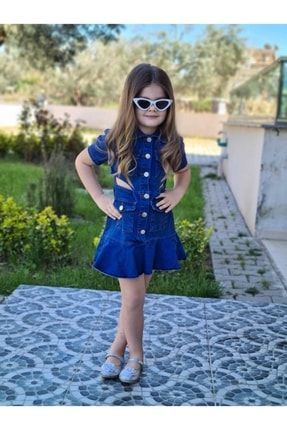 Kız Çocuk Trend Ürün Tamamı Yıkamalı Kot İki Yandan Yırtmaçlı Elbise TFK22037