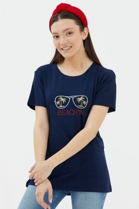 Kadın Nakışlı Dökümlü Tshirt - Lacivert 21Y2231-75574.0001-R0600