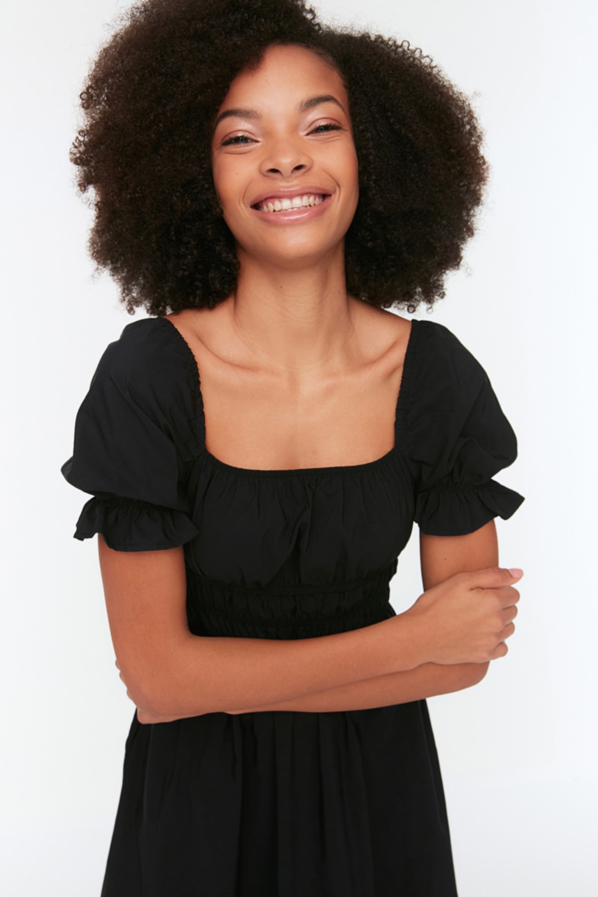 Trendyolmilla  Siyah Skater/Belden Açılan Balon Kollu Astarlı Midi Dokuma Elbise TWOSS22EL1768 - Görsel 4