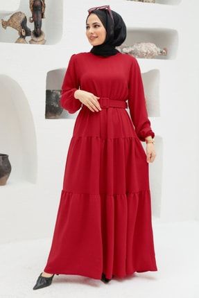 - Kemerli Kırmızı Tesettür Elbise 13024k AF-13024