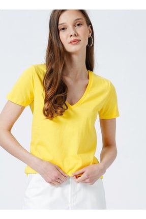 Teyo V Yaka Basic Düz Sarı Kadın T-shirt 5002782898