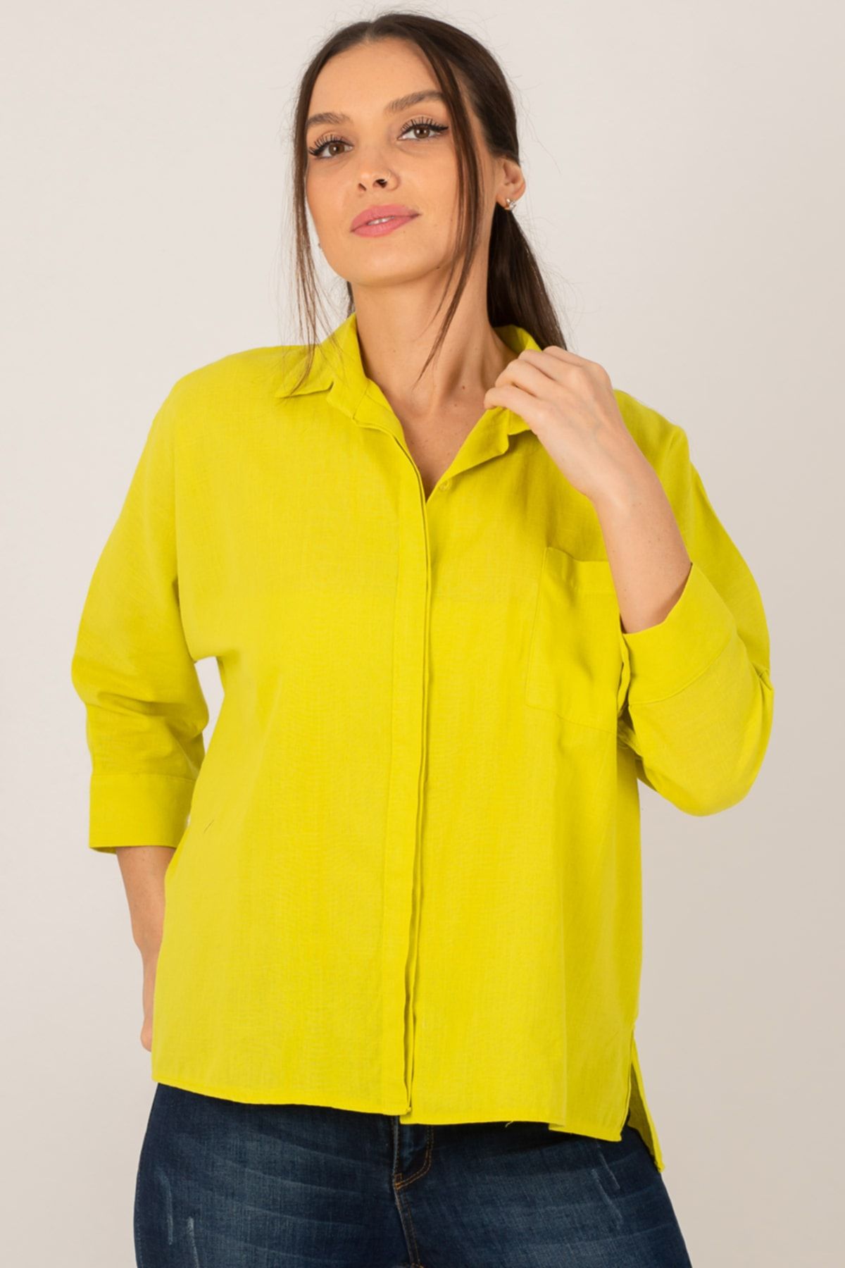 armonika Neongrünes, lässiges Trendyol - für ARM-21Y001035 Leinenhemd Damen mit Tasche