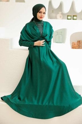 Tesettürlü Abiye Elbise - Boncuk Işlemeli Yeşil Tesettür Abiye Elbise 22451y EGS-22451