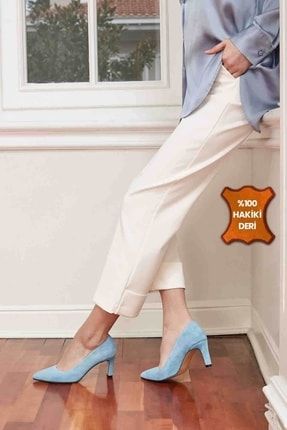 Beliz Hakiki Süet Mavi Stiletto Kadın Topuklu Ayakkabı 01305BUS