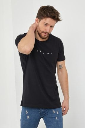 Erkek Siyah Baskılı Slim Fit Likralı T-shirt-rlxtsr07s RRLXTS