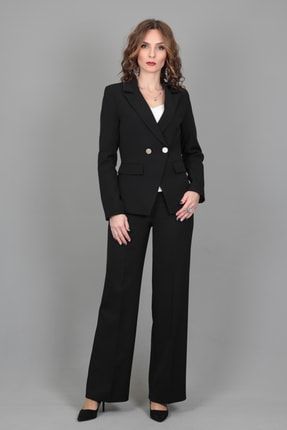 Kruvaze Çapraz Ceket & Bol Paça Pantolon Takım-siyah 1047520