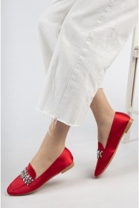 Kırmızı Saten Kadın Kare Burun Ayakkabı LBS-0000000303