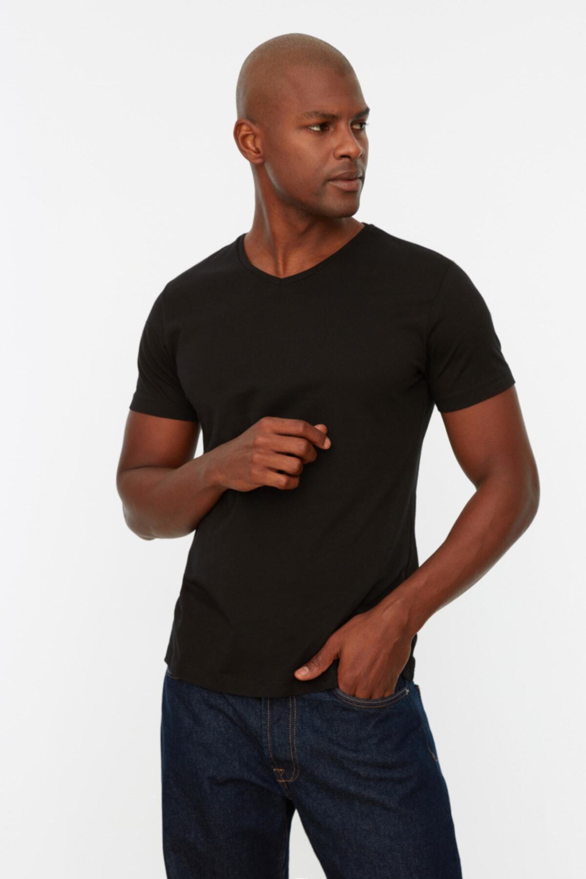 Trendyol Collection-Black V-Neck Slim Fit Basic T-Shirt - 100% Cotton, Short Sleeve Tmnss19Bo0002 12