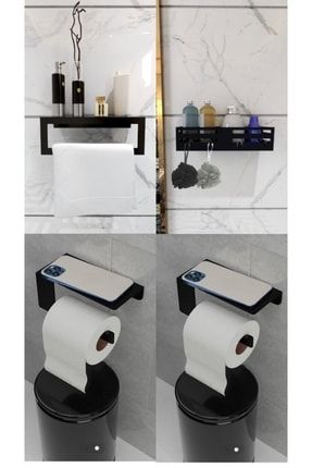 4'lü Banyo Seti (MAT SİYAH) Havlu Askısı,şampuanlık,2 Adet Tuvalet Kağıtlığı Banyo Düzenleyici Set set4lü2tuk