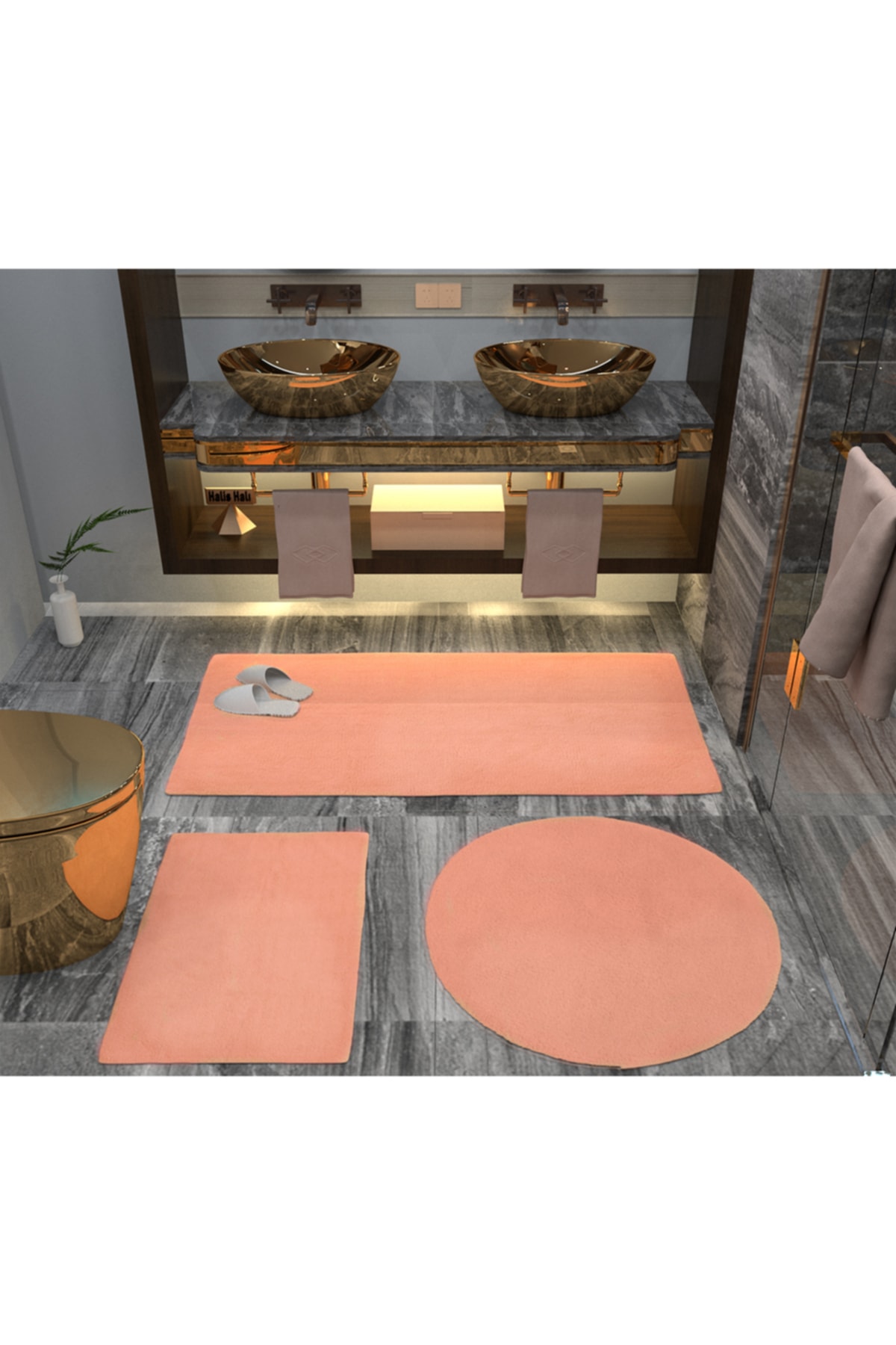 Bath Mat Triple Set Color Plush Anti-Slip Base Washable