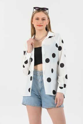 Kadın Puantiyeli Gizli Düğme Detaylı Oversize Gömlek PG34