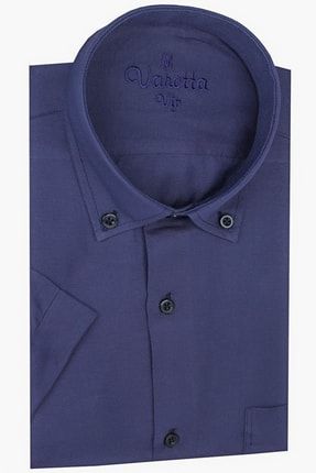 Erkek Lacivert Kısa Kol Klasik Kesim Pamuk Saten Yaka Düğmeli Erkek Gömlek classiccrochetshirt1000