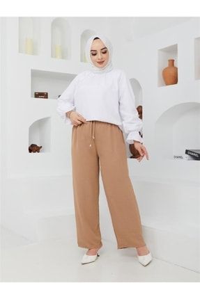 Kadın Basic Beli Bağcıklı Lastikli Rahat Kalıp Yazlık Bol Paça Uzun Boy Pantolon 6009