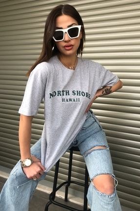 Kadın Gri North Shore Baskılı Oversize T-shirt nortshoretshirt