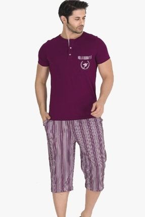 Modal Kumaş Bordo Renkli Tkrn 30122 Erkek Kısa Kol Kapri Pijama Takımı TKNRR-30122