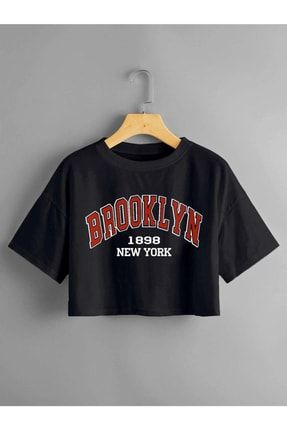 Brooklyn 1898 New York Baskılı Crop Oversize Penye T-shirt Tişört BROOKLYN-1898-ARK-MODA